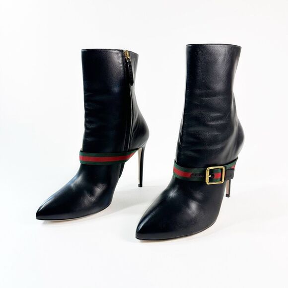 Gucci Black Ankle Boots with Red and Green Accents - Picture 1 of 13